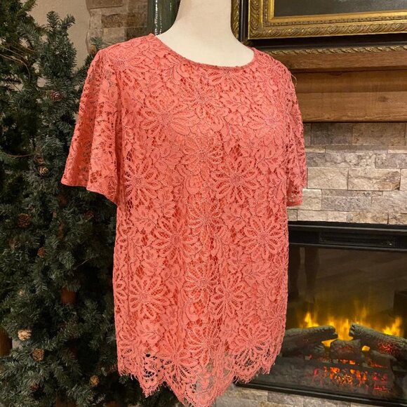NANETTE LEPORE Blouse Top Gorgeous Salmon Pink Lace MSRP $99 Size MEDIUM! NICE! - Picture 2 of 7